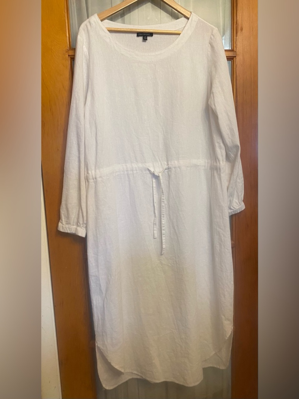 For Cynthia White Linen Shift dress with drawstring waist. Size XL